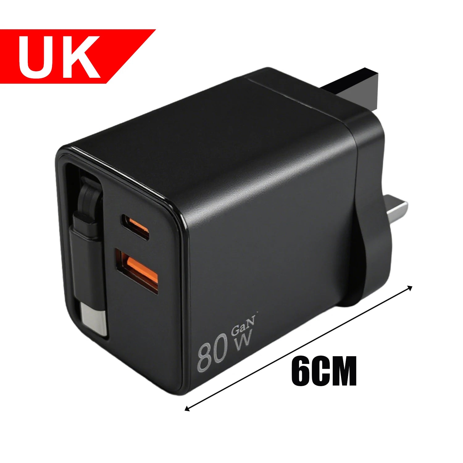 Portable 3 in 1 GaN Charger 80W MAX Fast Charger with Retractable Data Cable for iPhone 17 Airpods Macbook Phone Tablet Charger