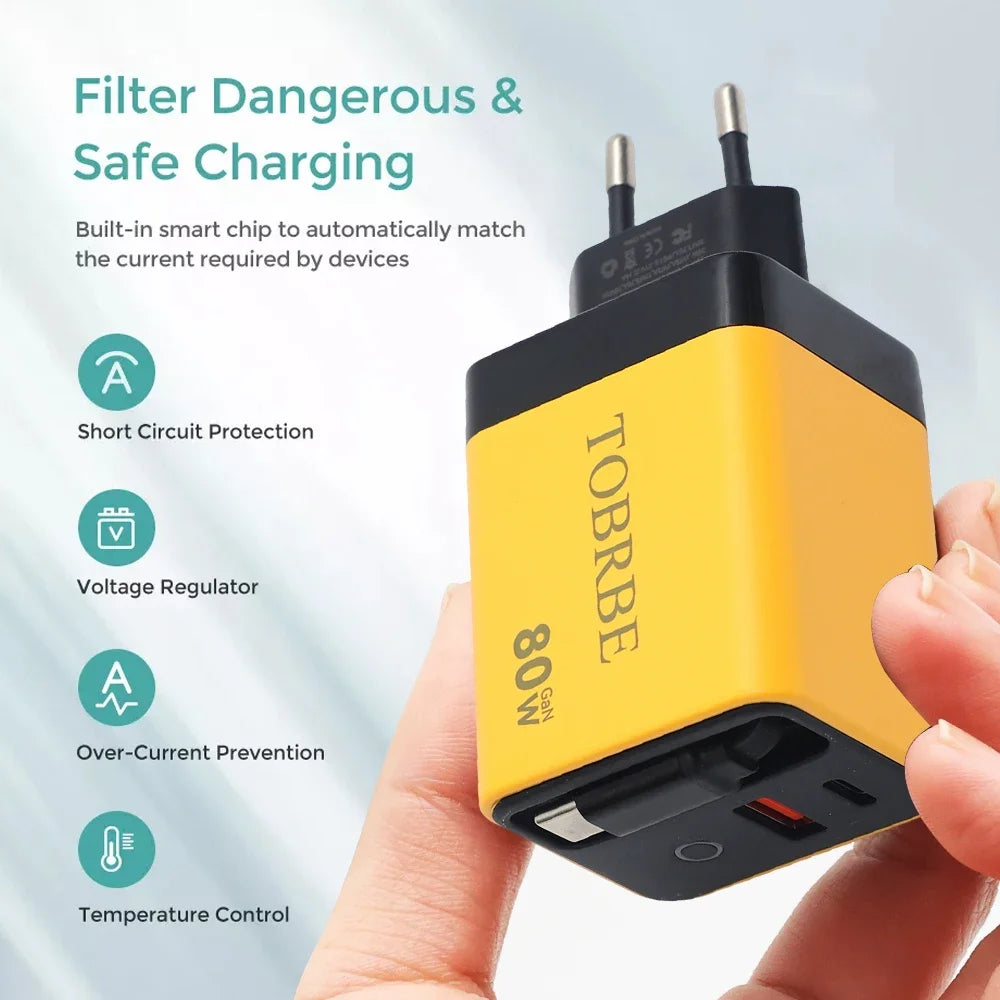 Portable 3 in 1 GaN Charger 80W MAX Fast Charger with Retractable Data Cable for iPhone 17 Airpods Macbook Phone Tablet Charger