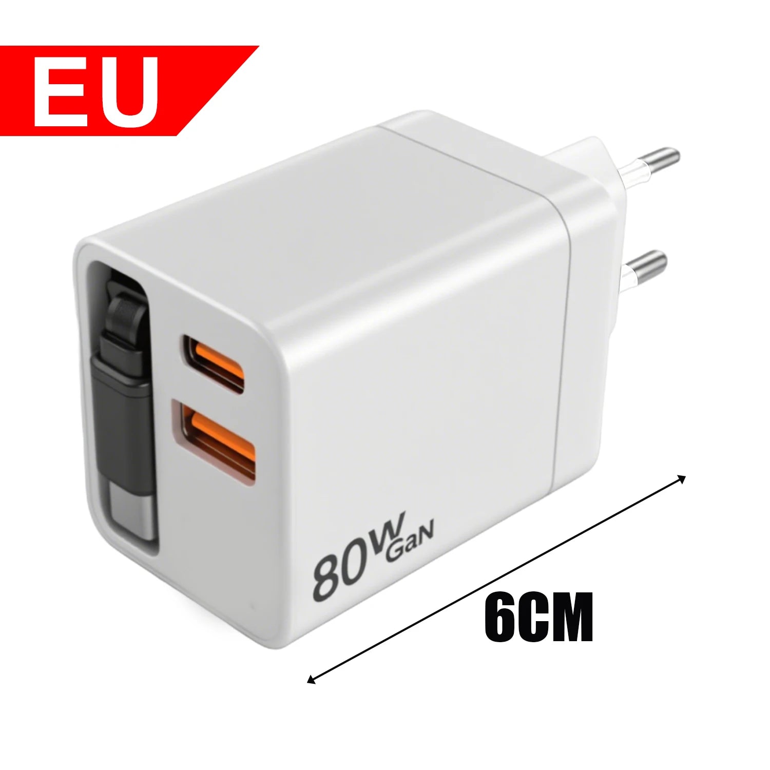 Portable 3 in 1 GaN Charger 80W MAX Fast Charger with Retractable Data Cable for iPhone 17 Airpods Macbook Phone Tablet Charger