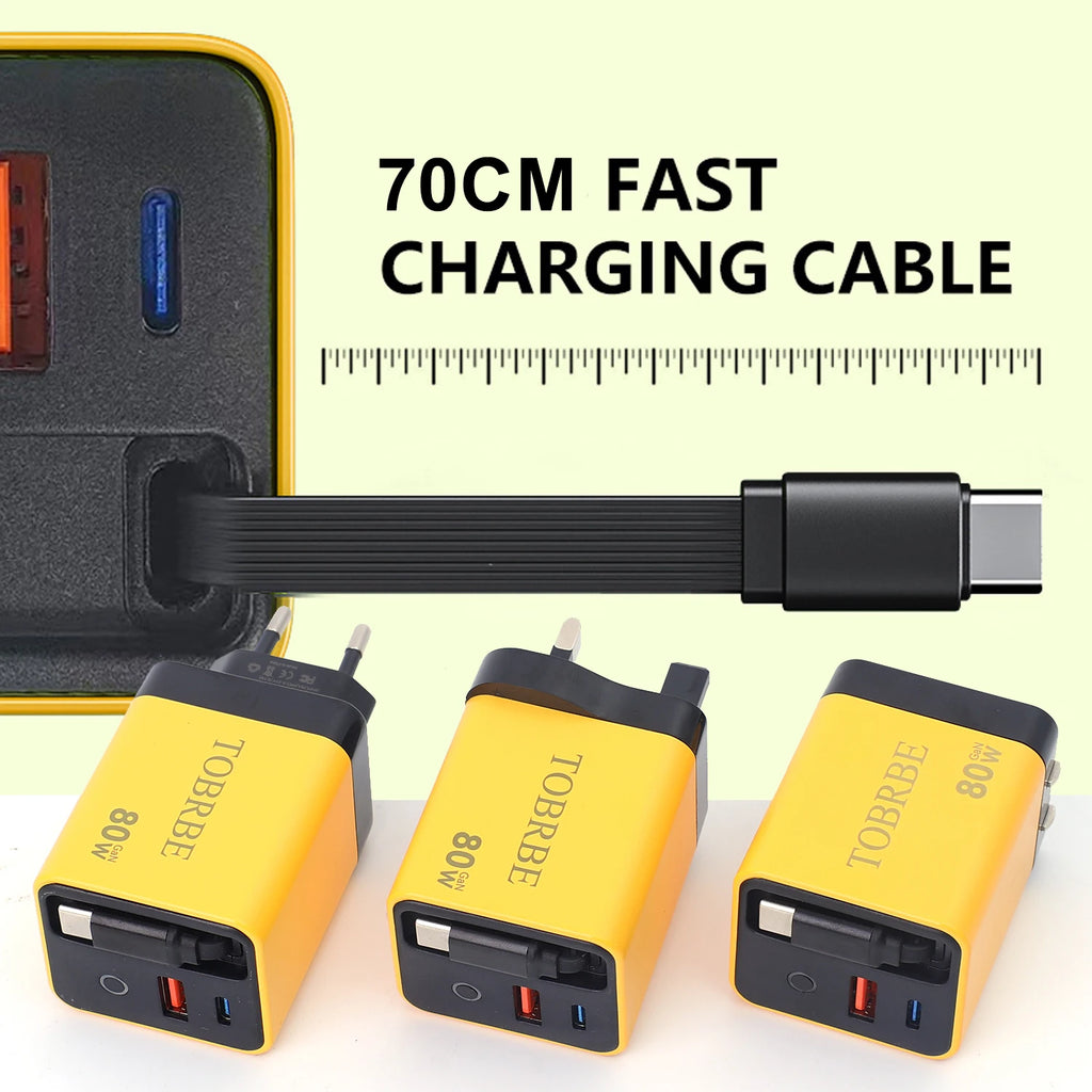 Portable 3 in 1 GaN Charger 80W MAX Fast Charger with Retractable Data Cable for iPhone 17 Airpods Macbook Phone Tablet Charger