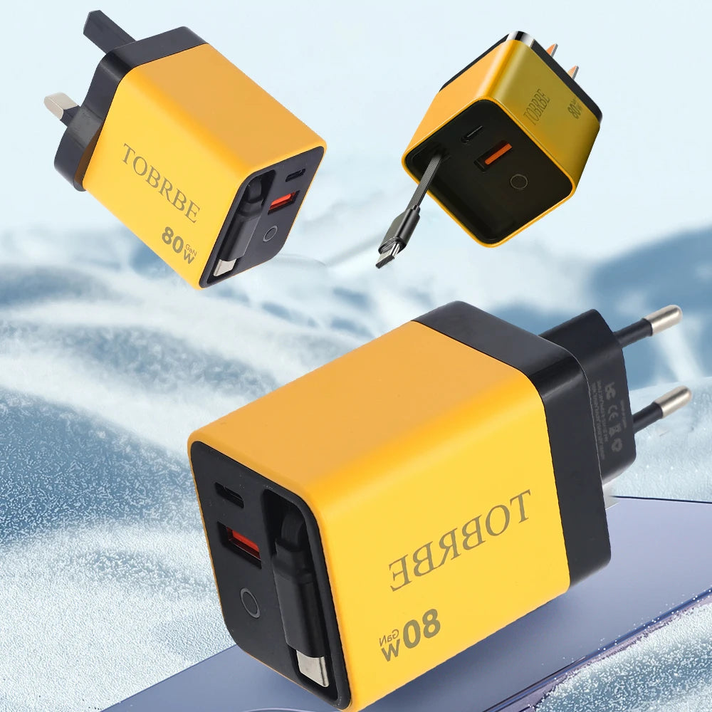 Portable 3 in 1 GaN Charger 80W MAX Fast Charger with Retractable Data Cable for iPhone 17 Airpods Macbook Phone Tablet Charger