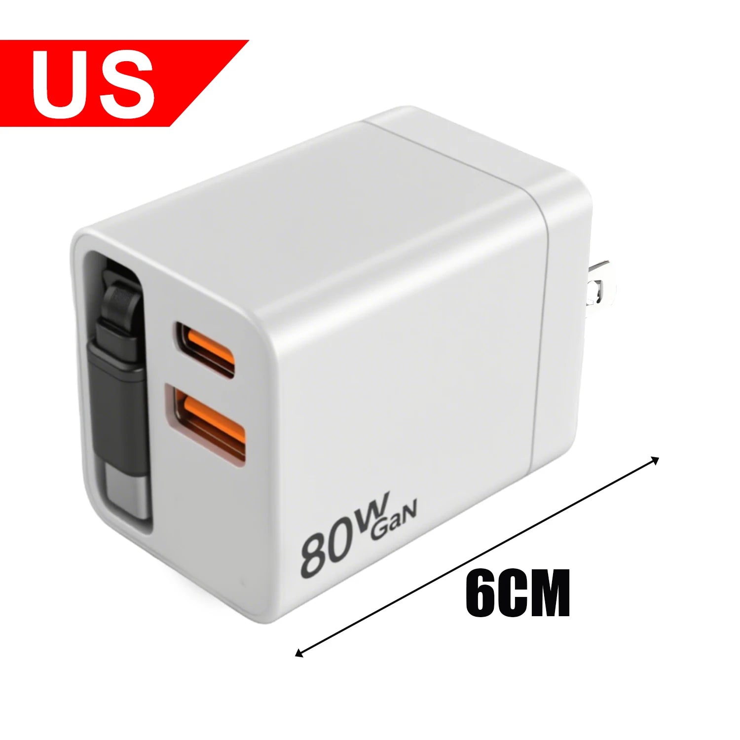 Portable 3 in 1 GaN Charger 80W MAX Fast Charger with Retractable Data Cable for iPhone 17 Airpods Macbook Phone Tablet Charger