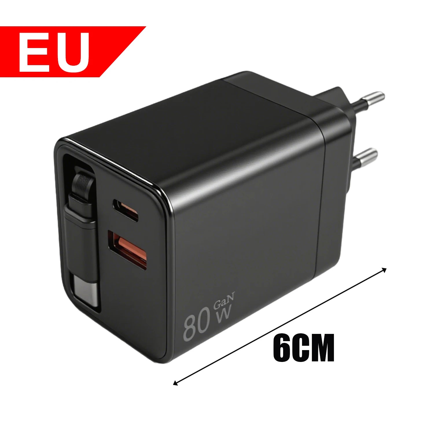 Portable 3 in 1 GaN Charger 80W MAX Fast Charger with Retractable Data Cable for iPhone 17 Airpods Macbook Phone Tablet Charger