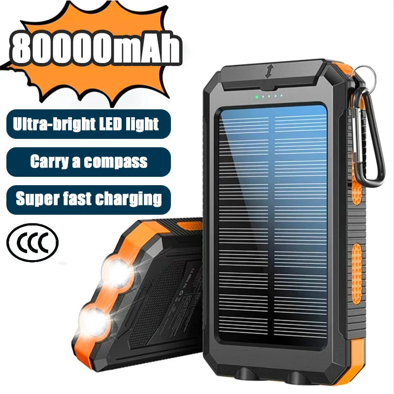 New Solar Power Bank 80000mAh Portable Charging Poverbank External Battery Charger Strong Light LDE Light for All Smartphones