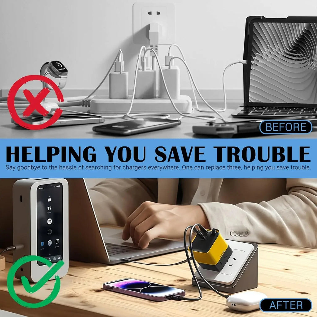 Portable 3 in 1 GaN Charger 80W MAX Fast Charger with Retractable Data Cable for iPhone 17 Airpods Macbook Phone Tablet Charger